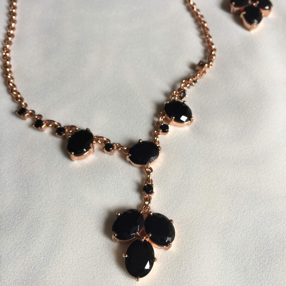 J Crew Rose Gold Black Stone Necklace Set